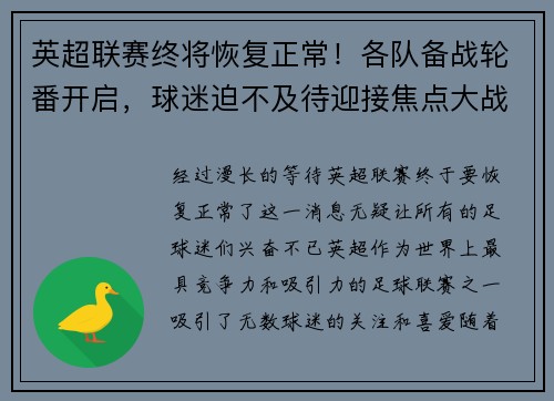 英超联赛终将恢复正常！各队备战轮番开启，球迷迫不及待迎接焦点大战